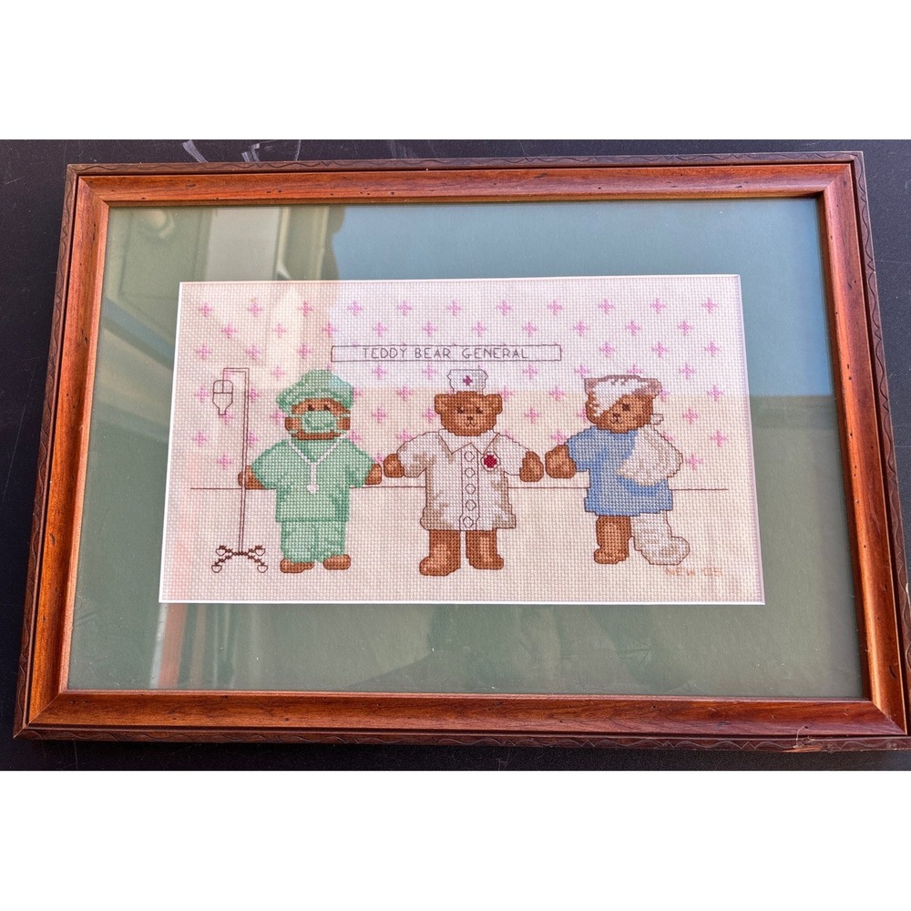 Framed Completed Cross Stitch Bears Wood Frame Teddy Bear General
